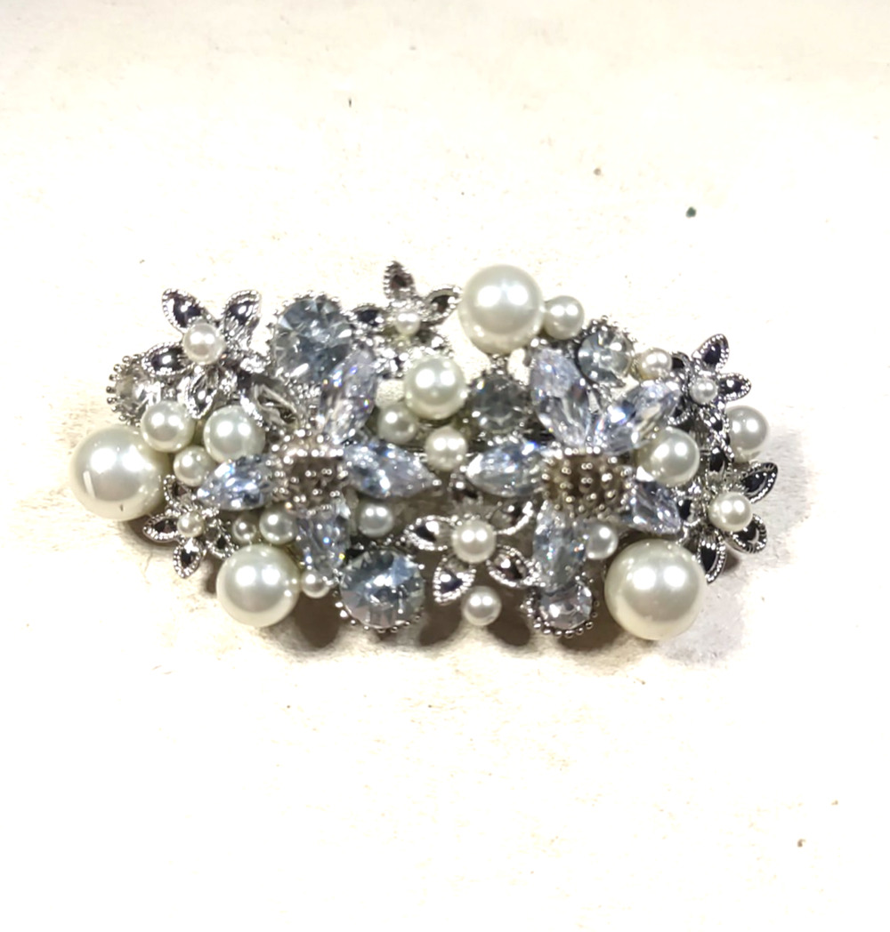 Hair Barrette Tension Clip Faux Pearls Rhinestone Silver Tone Elegant Church...